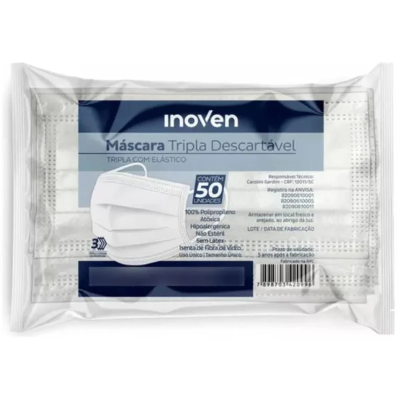 MASCARA CIRURGICA TRIPLA COM ELASTICO 50 UN INOVEN