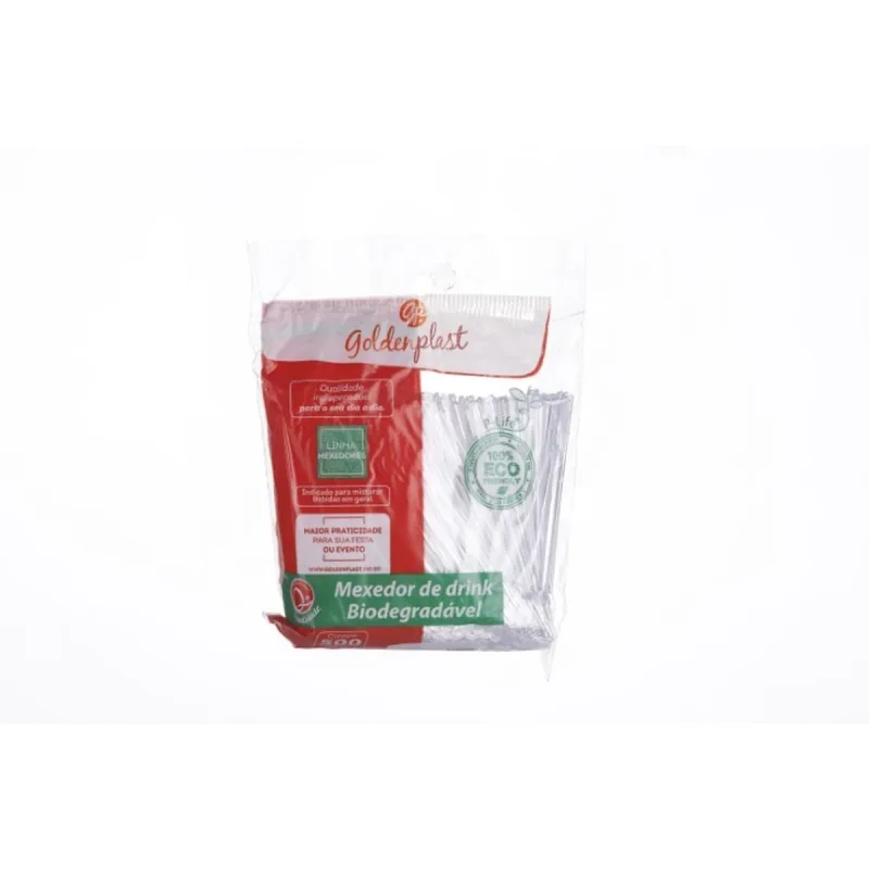 PALHETA PARA DRINK BIODEGRADAVEL 500 UN CRISTAL GOLDENPLAST